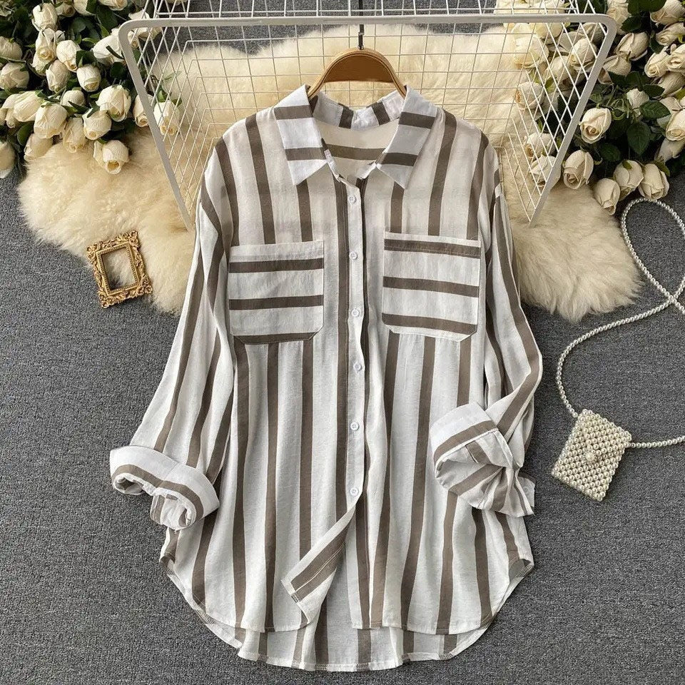 Mid-length Vertical Stripes Multi-color Shirt Coat Casual Loose Top