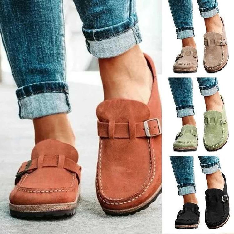 Frosted Suede Round Head Belt Buckle One Pedal Flat Slippers.