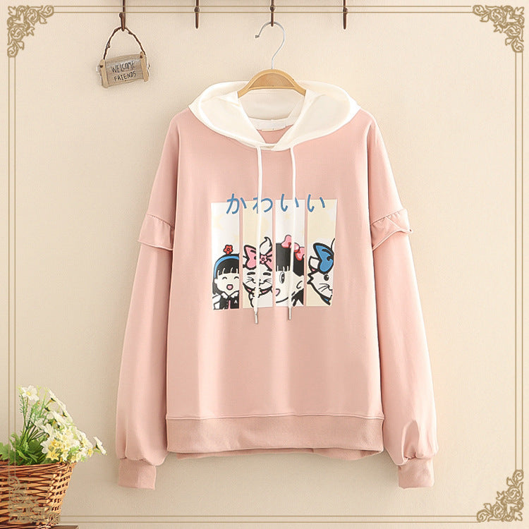 Ruffles Patchwork Cartoon Print Casual Hoodies Cotton Hooded