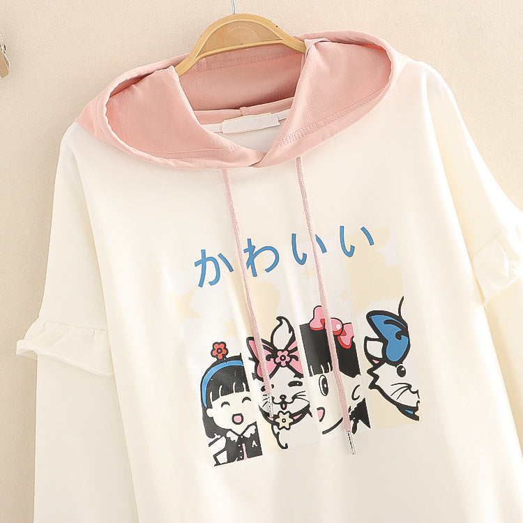 Ruffles Patchwork Cartoon Print Casual Hoodies Cotton Hooded