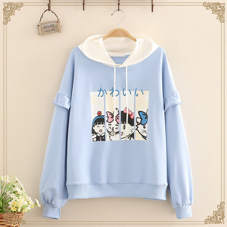 Ruffles Patchwork Cartoon Print Casual Hoodies Cotton Hooded