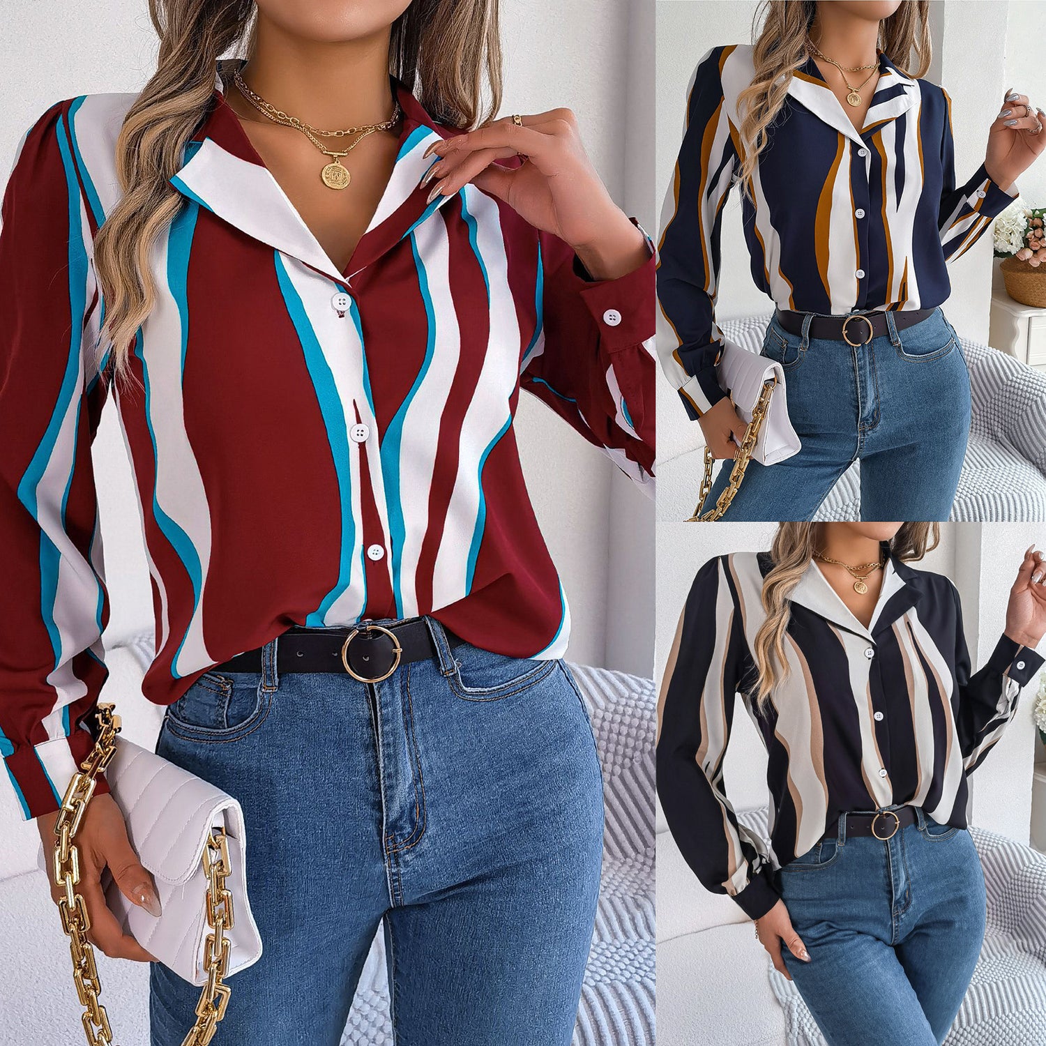 Casual Versatile Contrasting Striped Long Sleeved Shirt