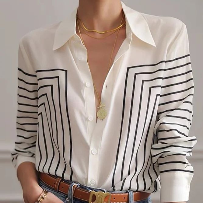 Autumn Striped Shirt Women's Long Sleeve Loose Silk Top