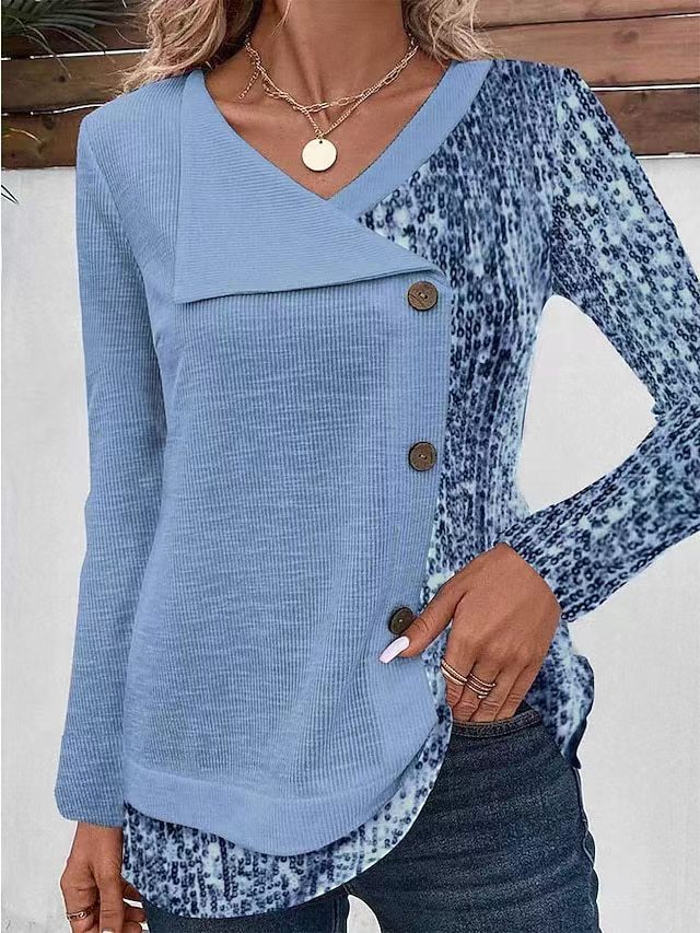 Female Threaded Pit Stripe Printed V-neck Button Top