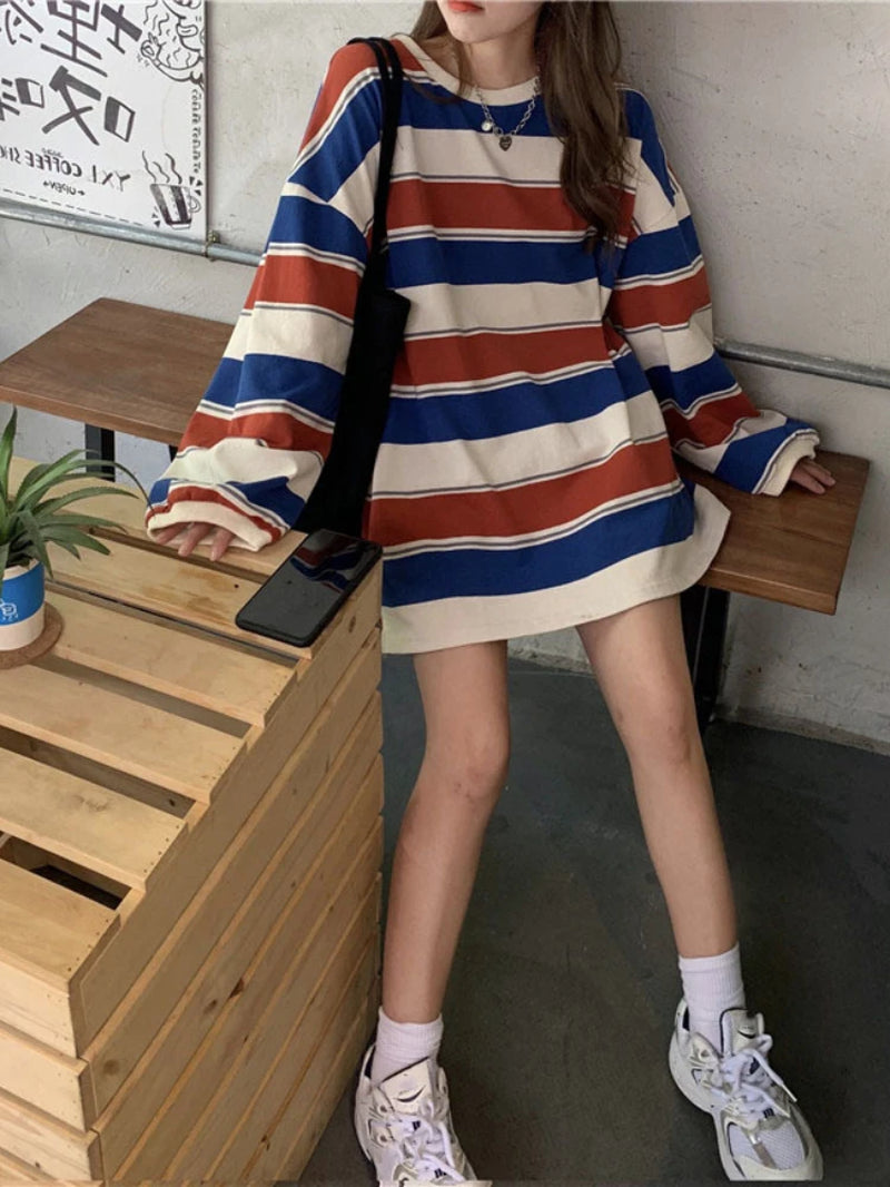 Woman Tshirts Spring Loose-Fitting Striped Long Sleeves T-Shirt Women'S Tops Ropa Mujer Camisetas O-Neck Casual Female T-Shirts