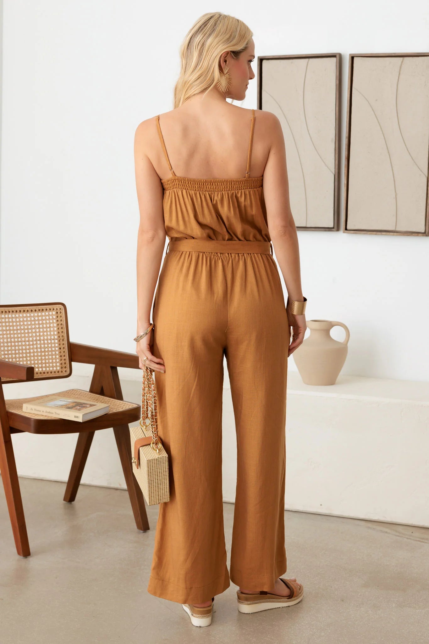 Tie Waist Linen Smocked Neck-Line Jumpsuit