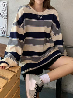 Woman Tshirts Spring Loose-Fitting Striped Long Sleeves T-Shirt Women'S Tops Ropa Mujer Camisetas O-Neck Casual Female T-Shirts