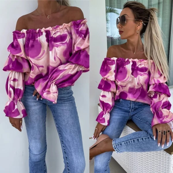 Elastic One Shoulder Sleeve Printed Shirt With Long Sleeves