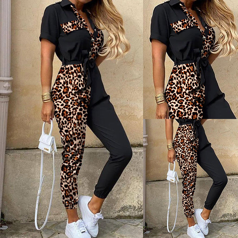 Trousers Casual Lapel Buttoned Printed Belt Overalls