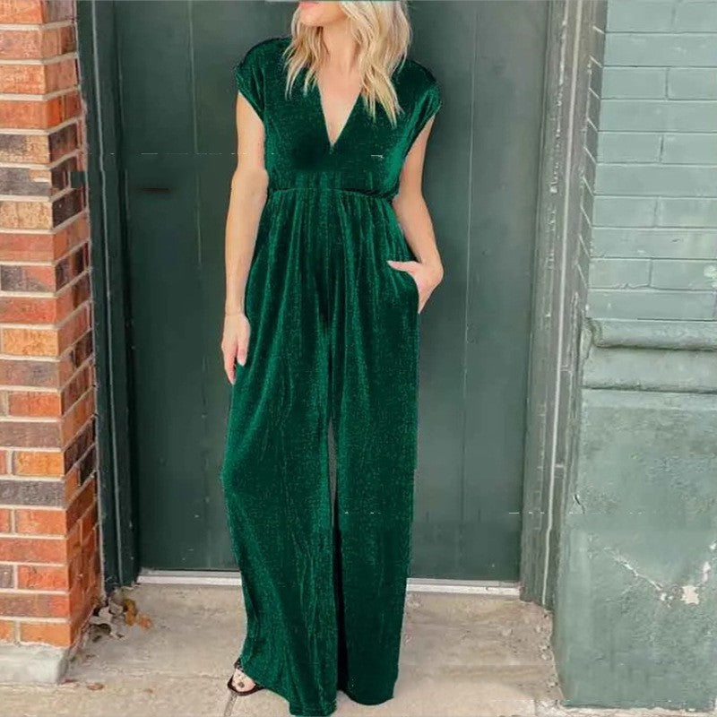 V-neck Short-sleeved High Waist Long Jumpsuit