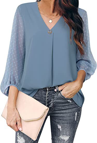 Women's Puff Sleeve V-neck Long Sleeve Shirt