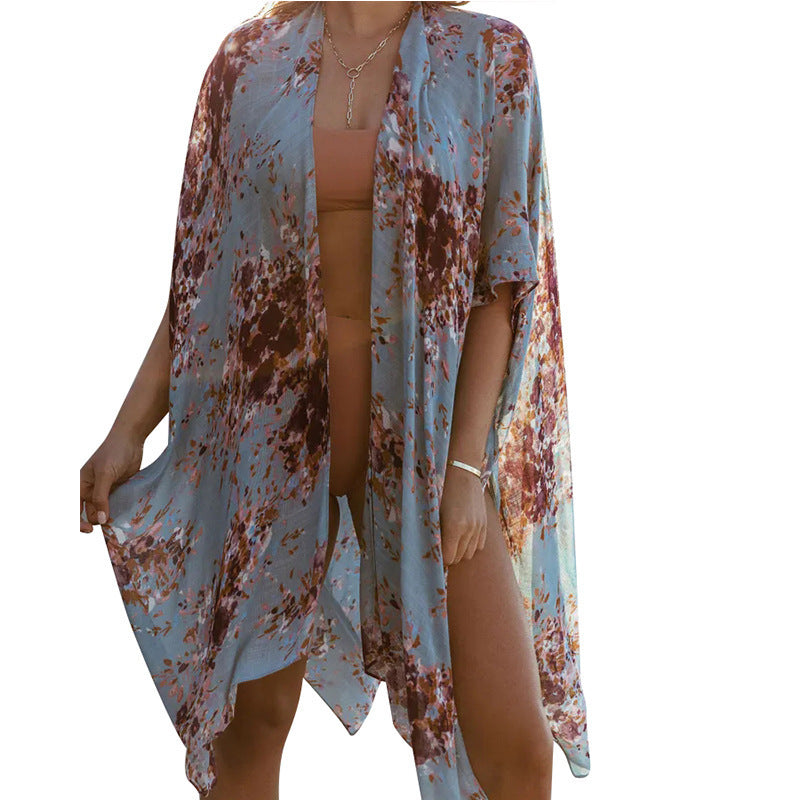 Summer Mid-length Slit Print Loose Beach Cover Sun Protection Shirt