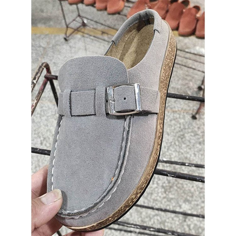 Frosted Suede Round Head Belt Buckle One Pedal Flat Slippers.