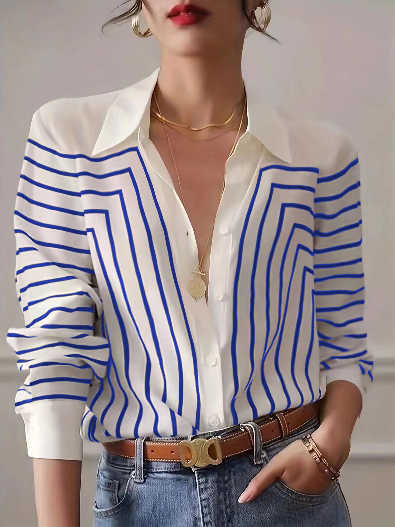 Autumn Striped Shirt Women's Long Sleeve Loose Silk Top