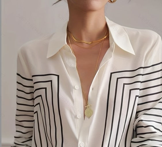 Autumn Striped Shirt Women's Long Sleeve Loose Silk Top