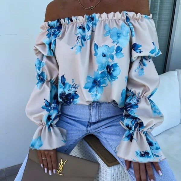 Elastic One Shoulder Sleeve Printed Shirt With Long Sleeves