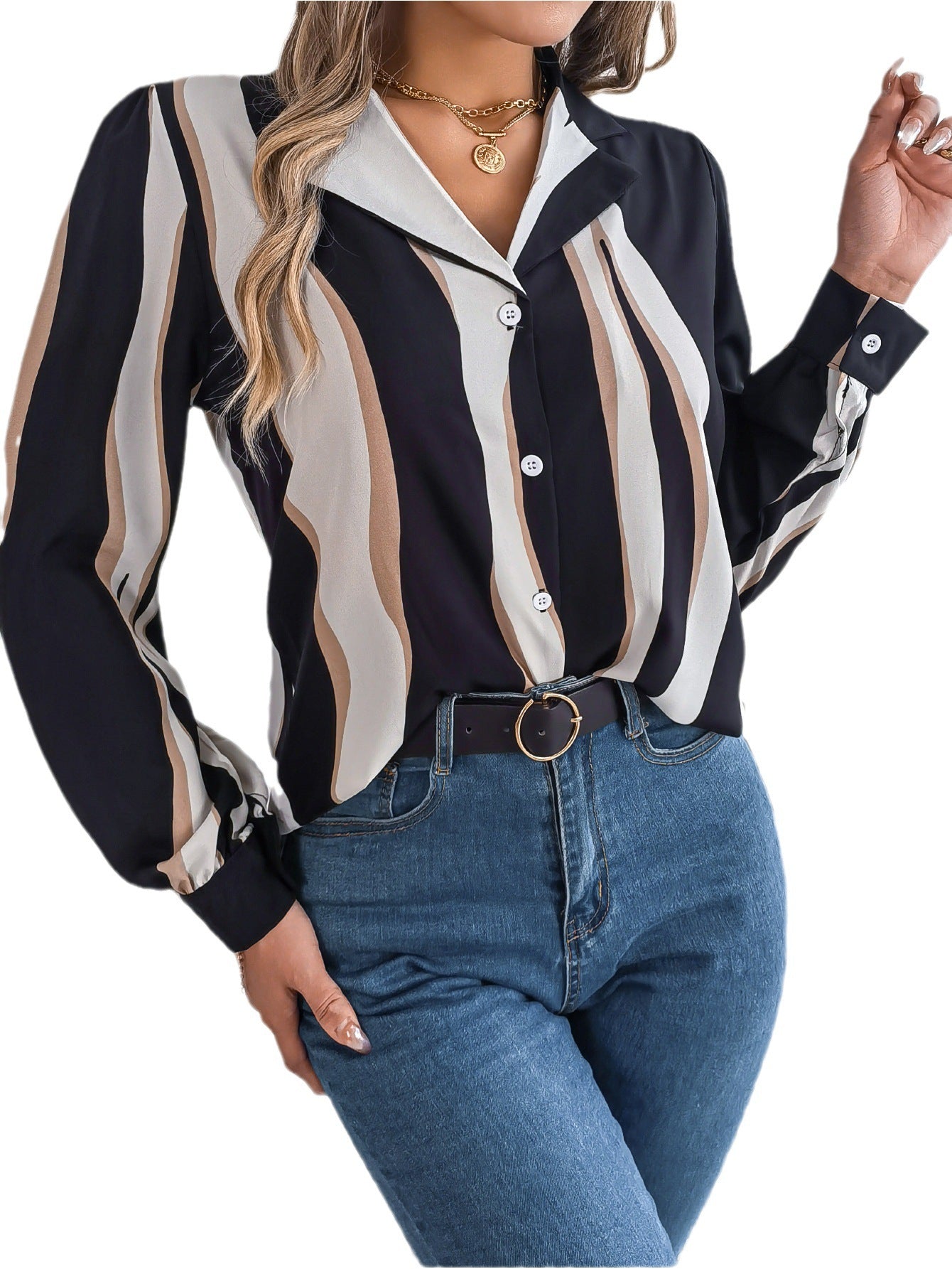 Casual Versatile Contrasting Striped Long Sleeved Shirt