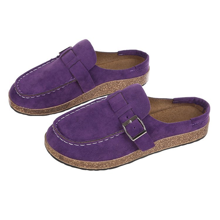 Frosted Suede Round Head Belt Buckle One Pedal Flat Slippers.