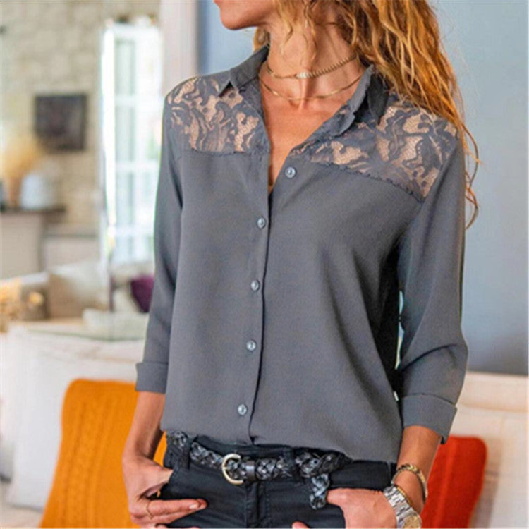 Women's Solid Color Lace Button Shirt