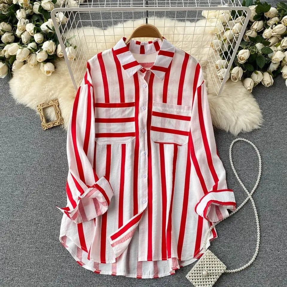 Mid-length Vertical Stripes Multi-color Shirt Coat Casual Loose Top