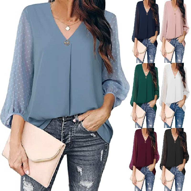 Women's Puff Sleeve V-neck Long Sleeve Shirt