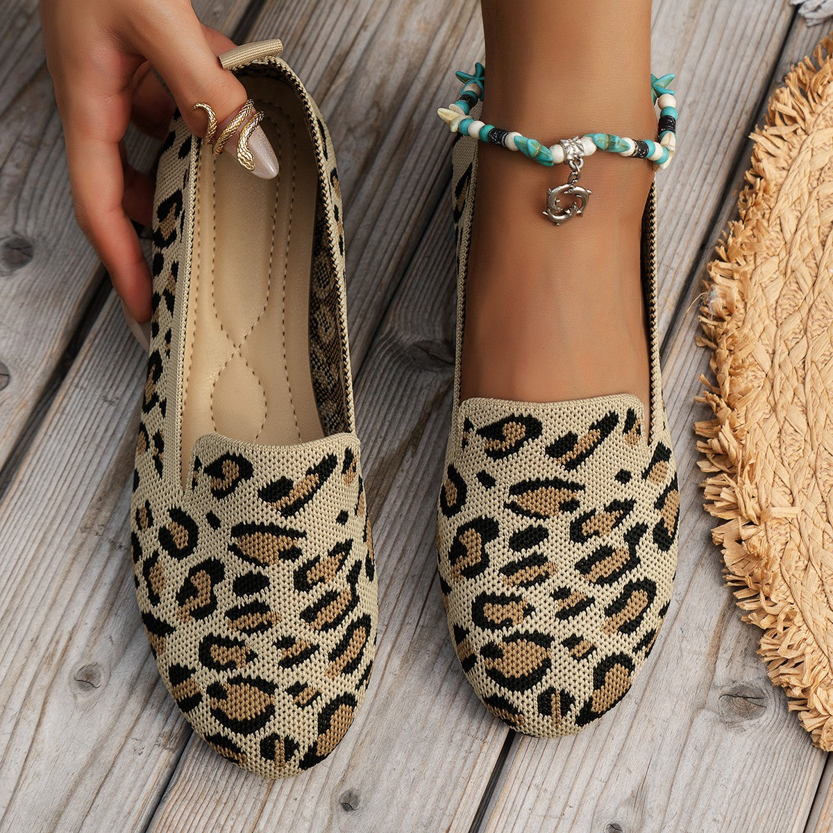 Slip-on Leopard Print Round Toe Flat Bottom Work Shoes