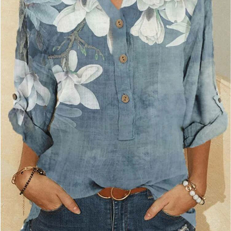 Female Flower Print Long Sleeve Shirt Top