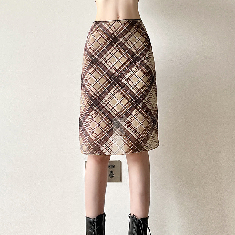 American Retro Style Easy Matching Mesh Plaid Skirt