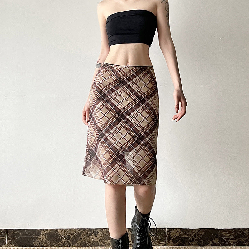 American Retro Style Easy Matching Mesh Plaid Skirt