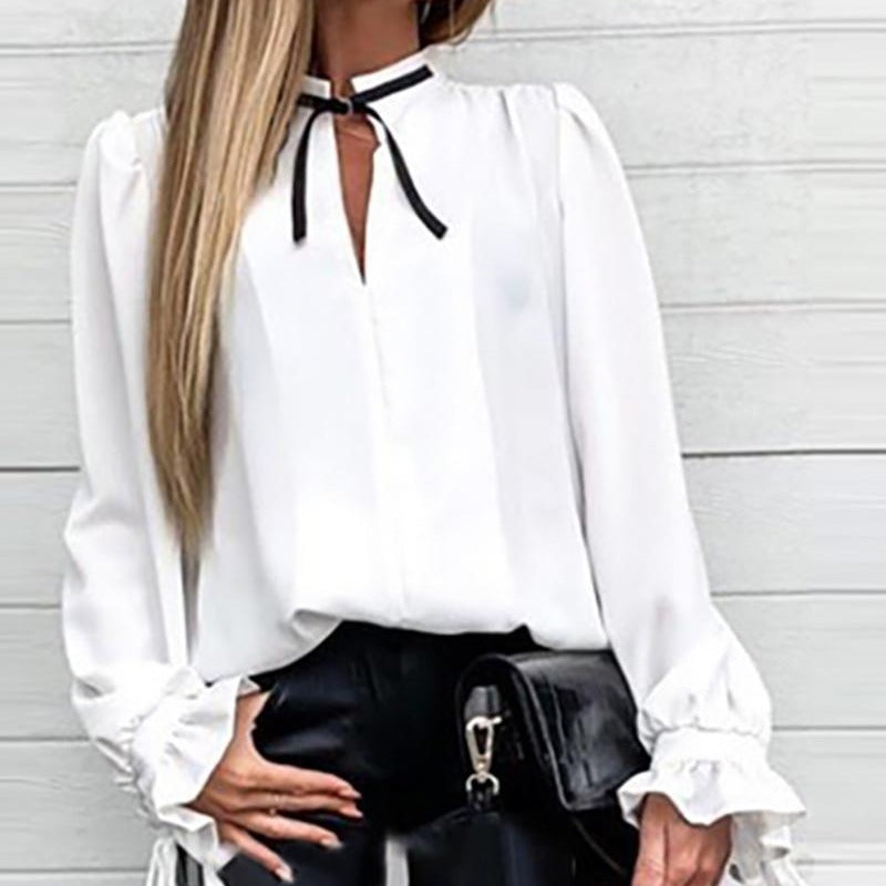 White Lace-up Wooden Ear Loose Shirt