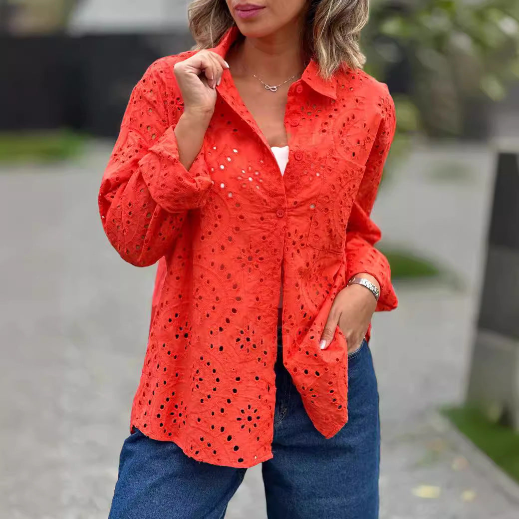 Women's Solid Color Loose Embroidered Hollow Shirt Top