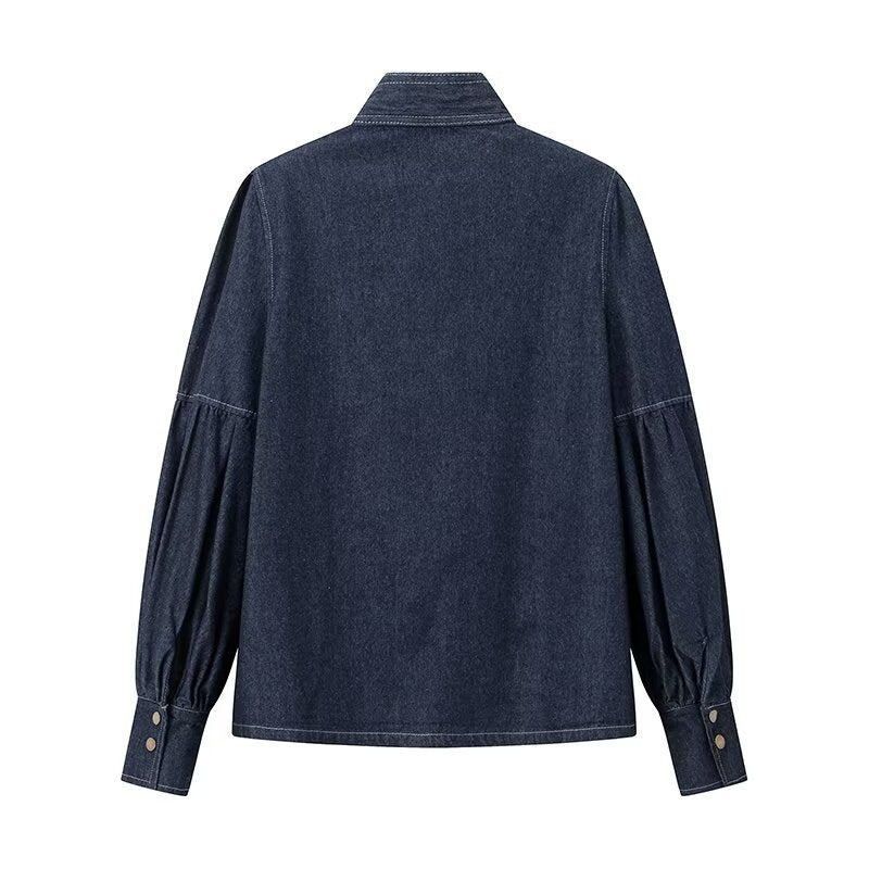 Washed Dark Blue Casual All-match Lace-up Bow Denim Shirt