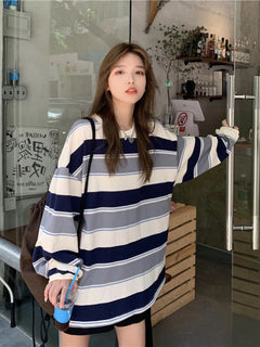 Woman Tshirts Spring Loose-Fitting Striped Long Sleeves T-Shirt Women'S Tops Ropa Mujer Camisetas O-Neck Casual Female T-Shirts