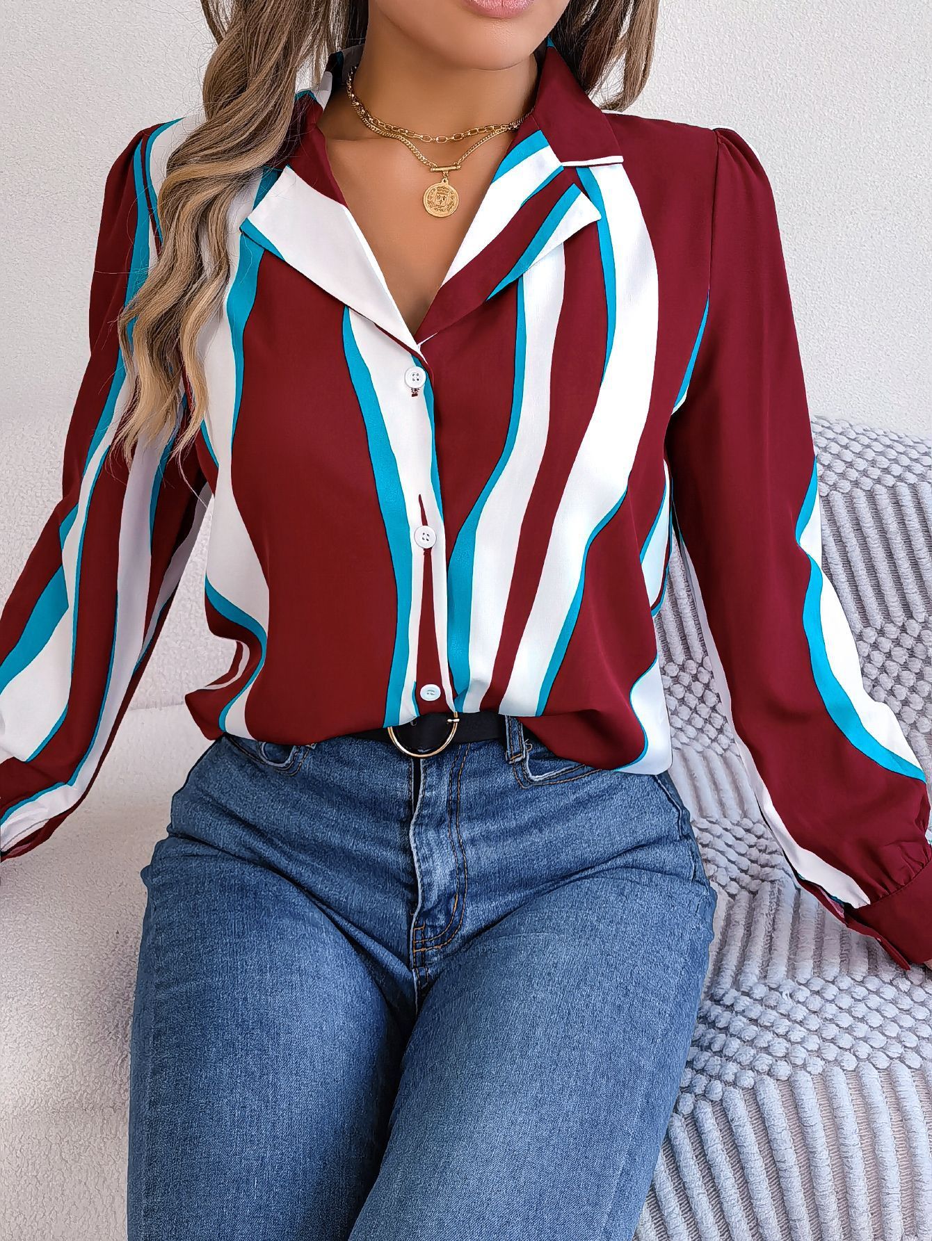 Casual Versatile Contrasting Striped Long Sleeved Shirt