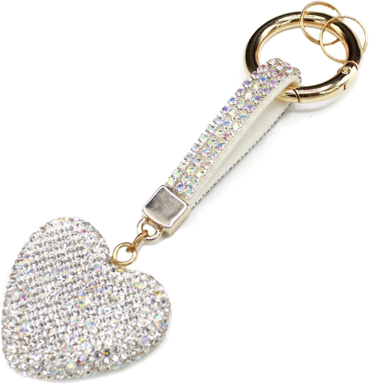 Rhinestone Heart Shape Keychains Glitter Crystal Heart Key Rings Bling Premium Crystal Key Chain Leather Bag Charm for Women Girls (White)