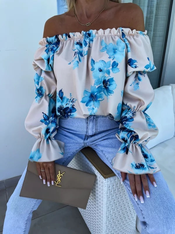 Elastic One Shoulder Sleeve Printed Shirt With Long Sleeves