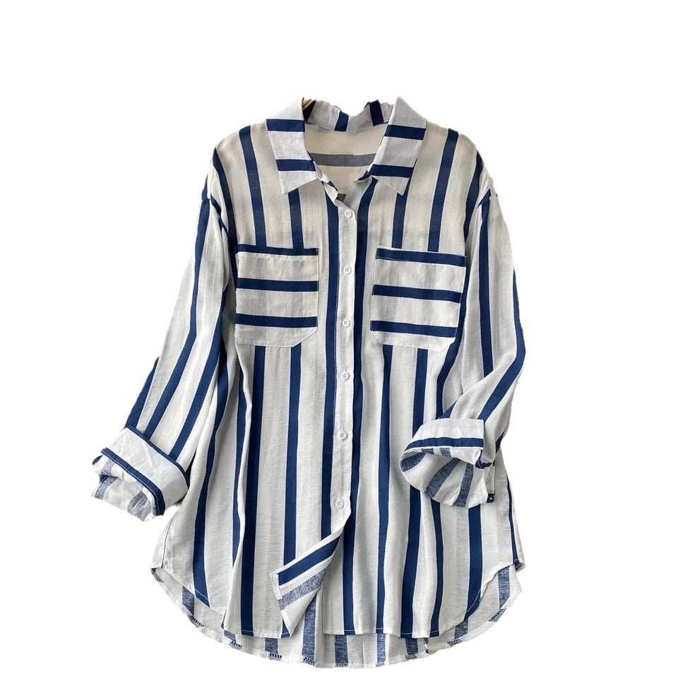 Mid-length Vertical Stripes Multi-color Shirt Coat Casual Loose Top