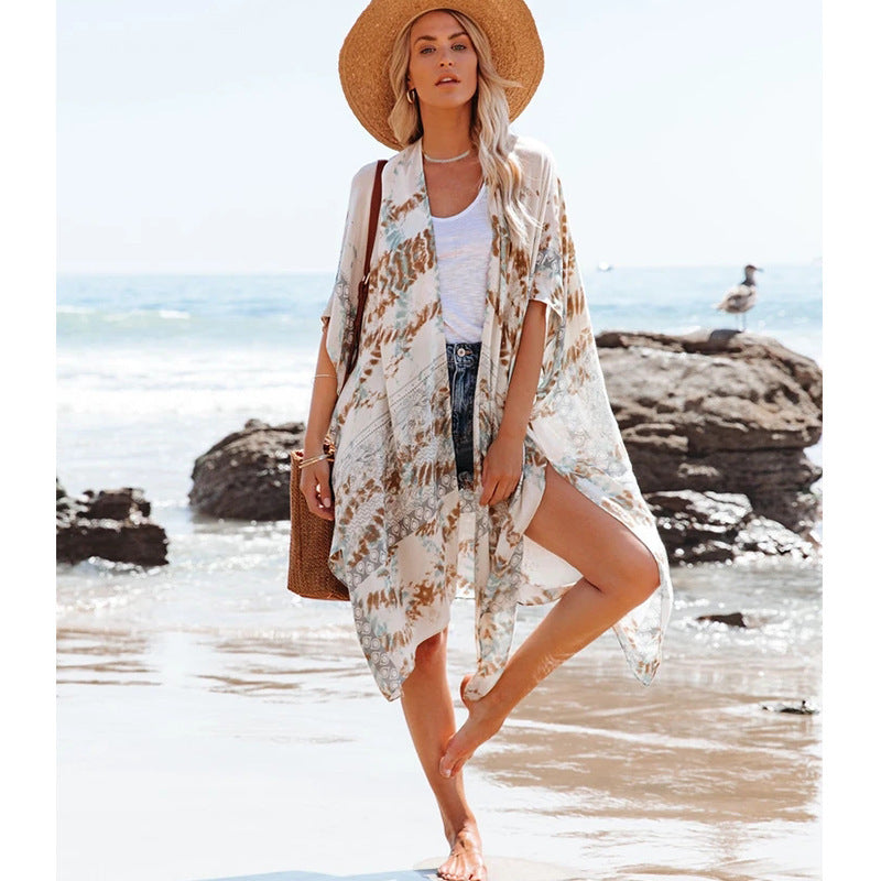 Summer Mid-length Slit Print Loose Beach Cover Sun Protection Shirt