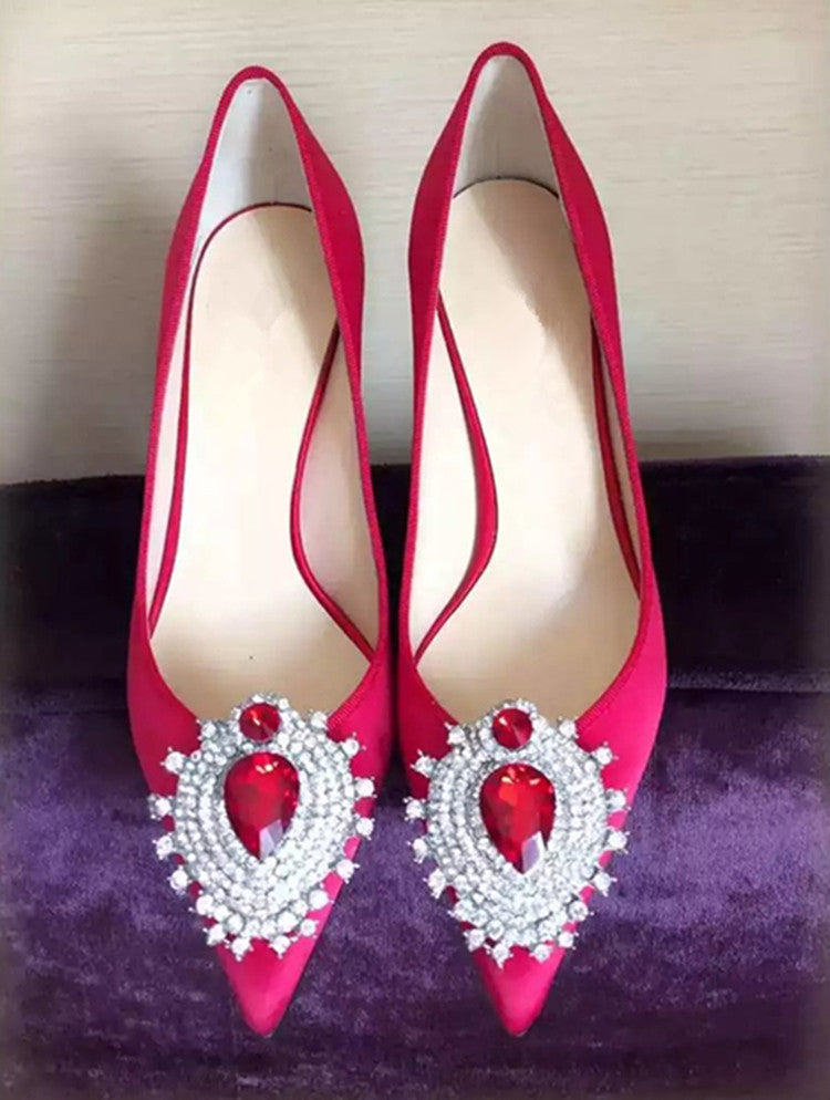 Rhinestone Pointed Toe High Heels Wedding Red Silk And Satin Shallow Mouth Women's Shoes