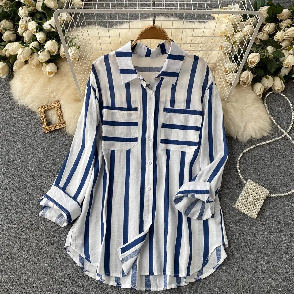 Mid-length Vertical Stripes Multi-color Shirt Coat Casual Loose Top