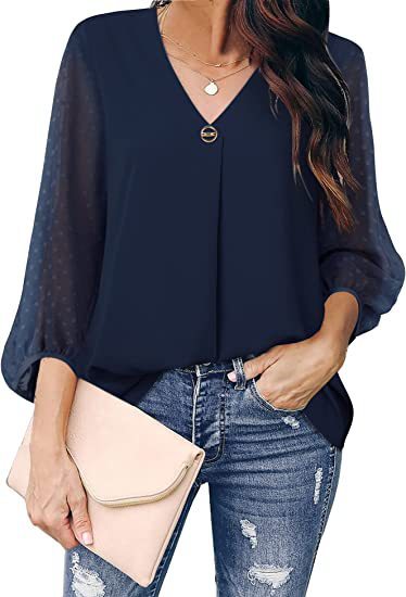 Women's Puff Sleeve V-neck Long Sleeve Shirt